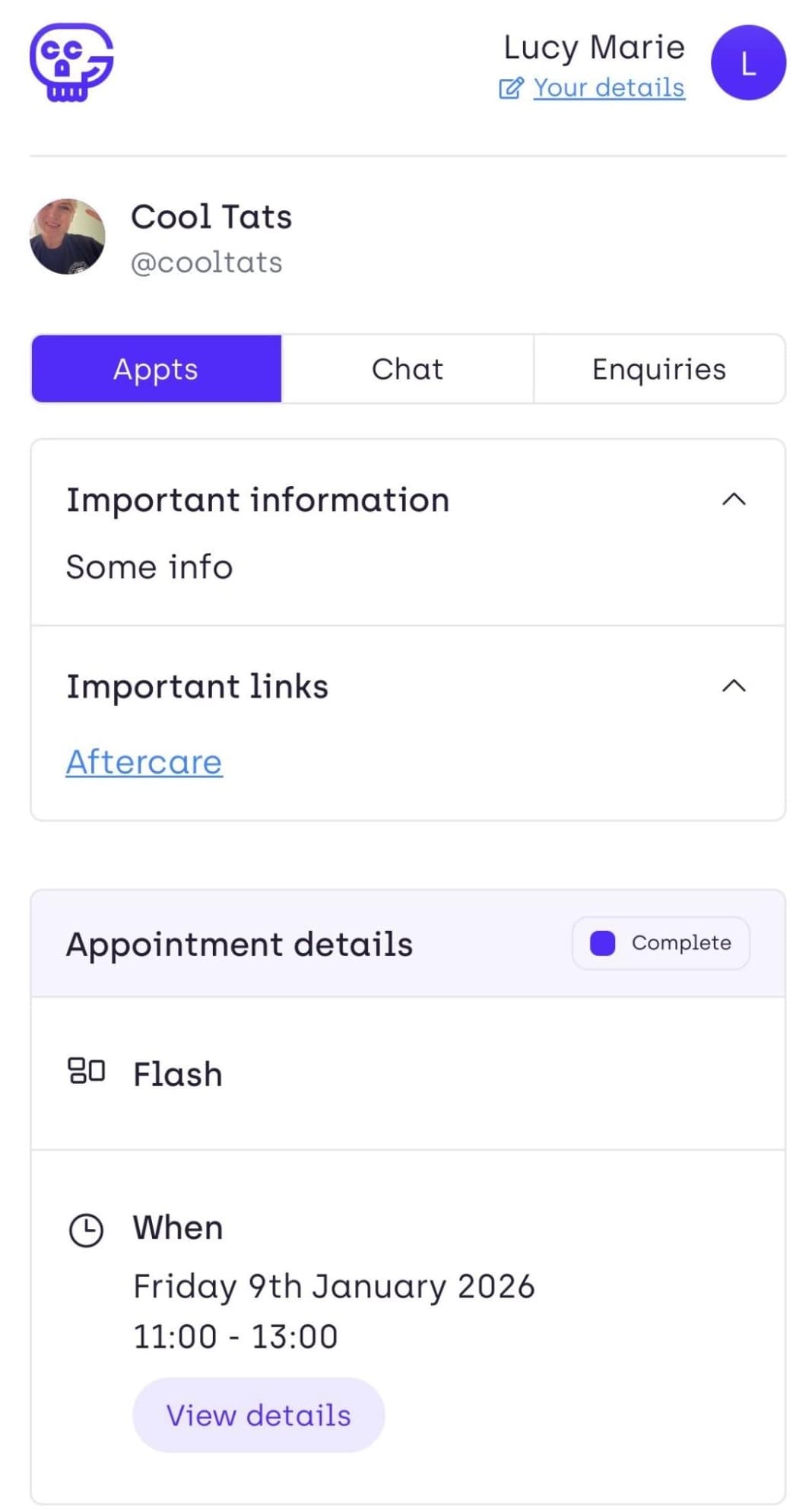 Get Ink client booking page