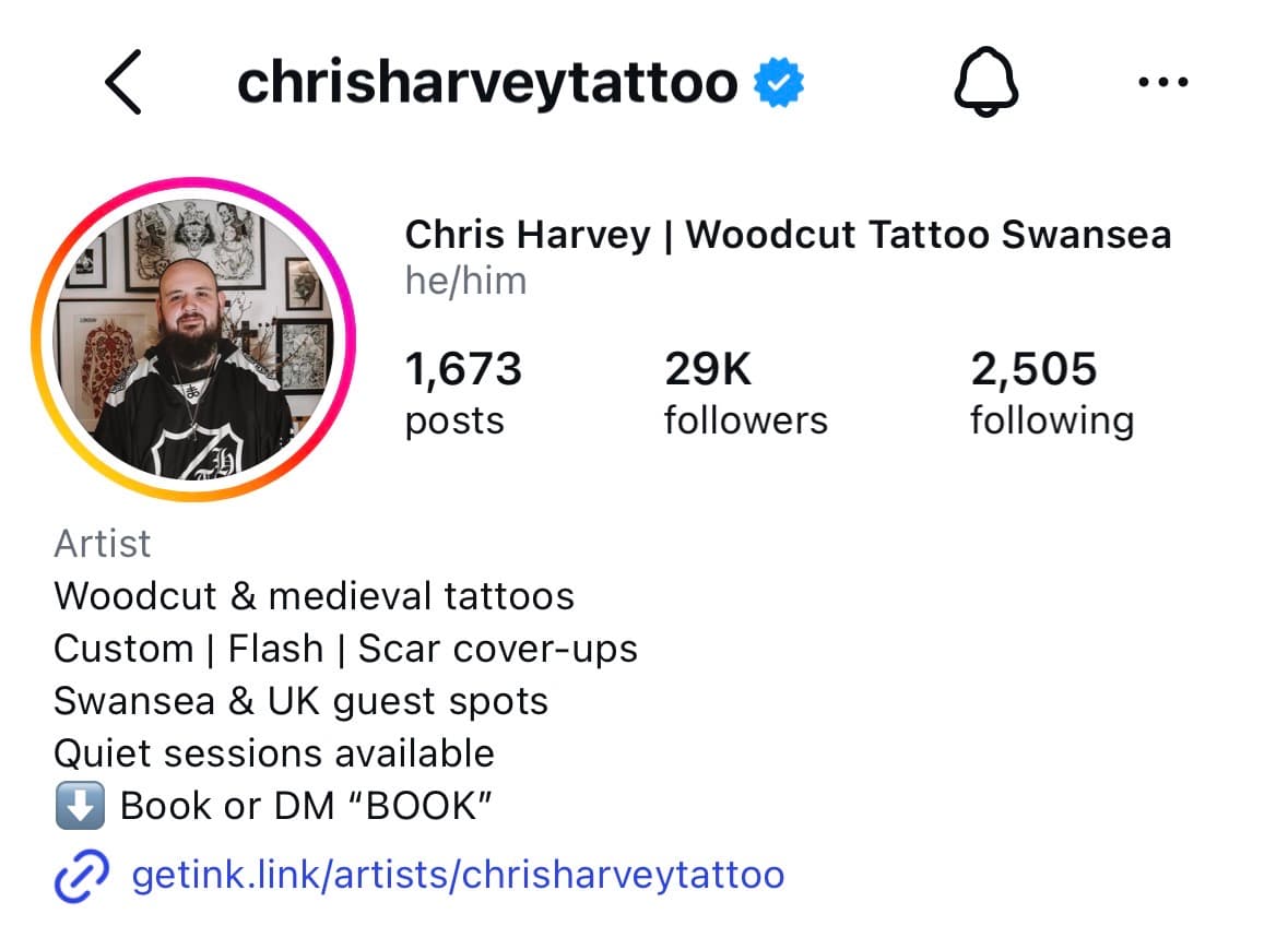 Instagram bio example with a Get Ink booking link, from Chris Harvey Tattoo