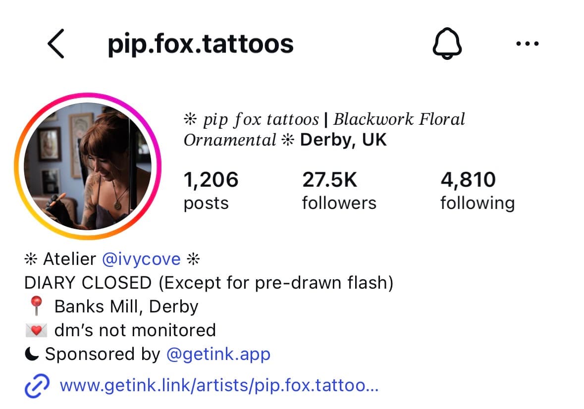 Instagram bio example with a Get Ink booking link, from Pip Fox Tattoos