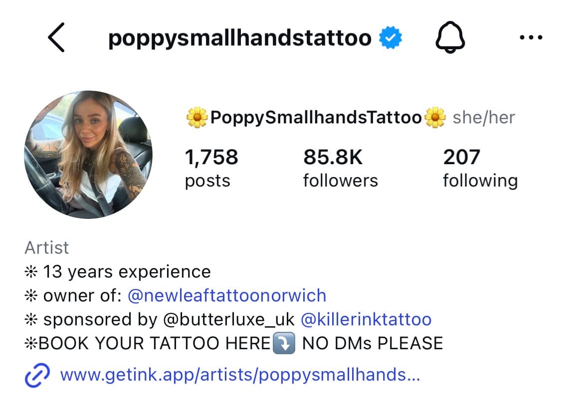 Instagram bio example with a Get Ink booking link, from Poppy Smallhands Tattoo
