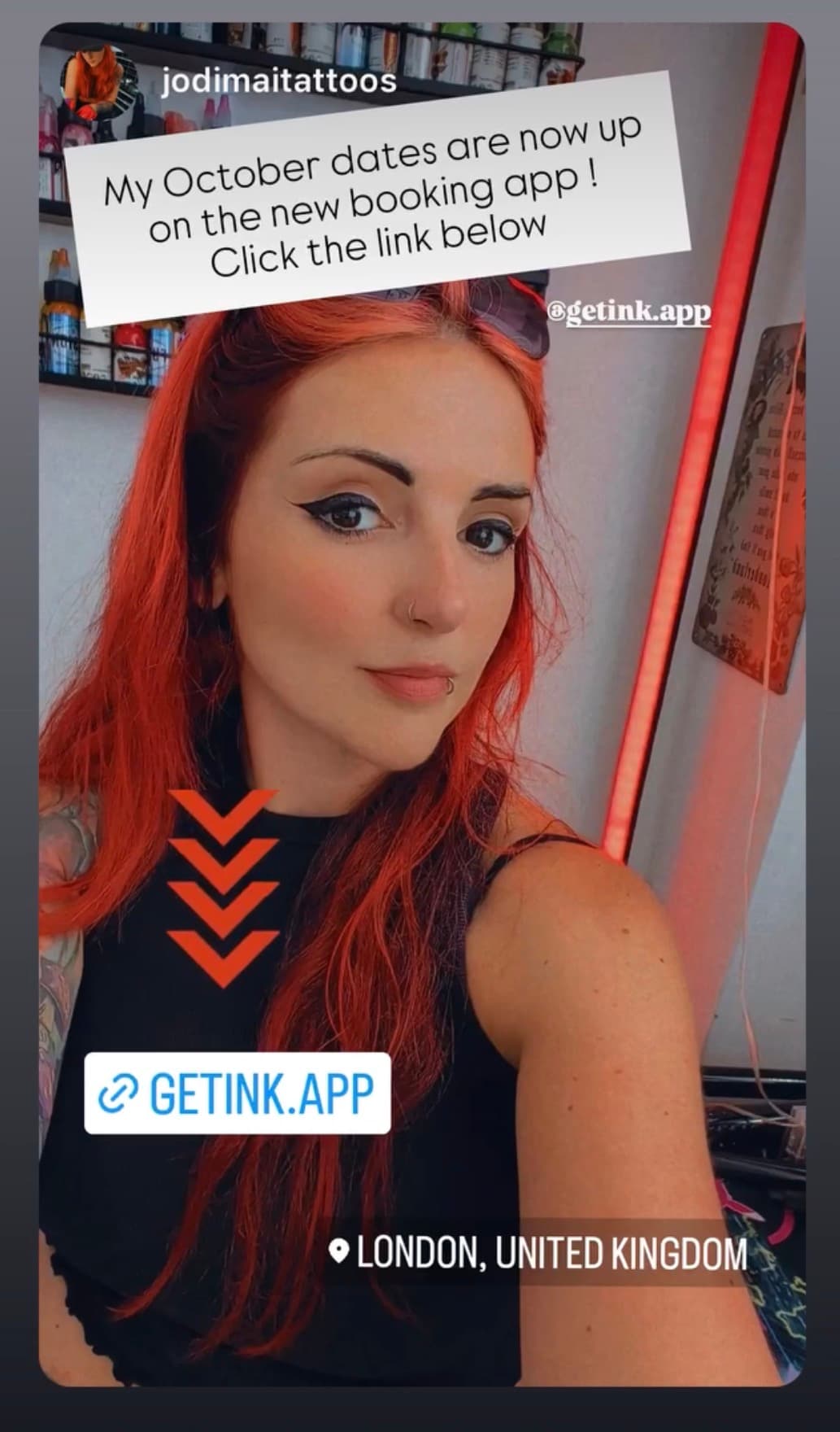 Instagram story example promoting a Get Ink booking link, from Jodi